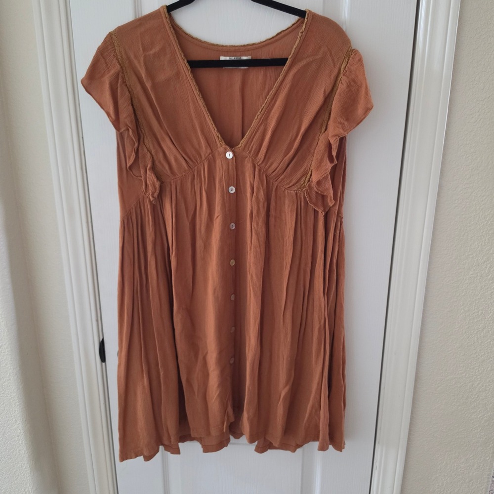 Pull&Bear Rust Orange Crinkle Ruffle Mini Babydoll Dress XL Boho V-Neck Crochet